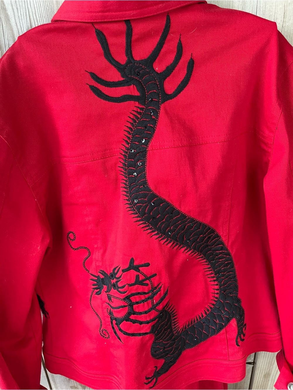 Red Western Shirt Jacket with Black Dragon Embroidery - Picture 3 of 4